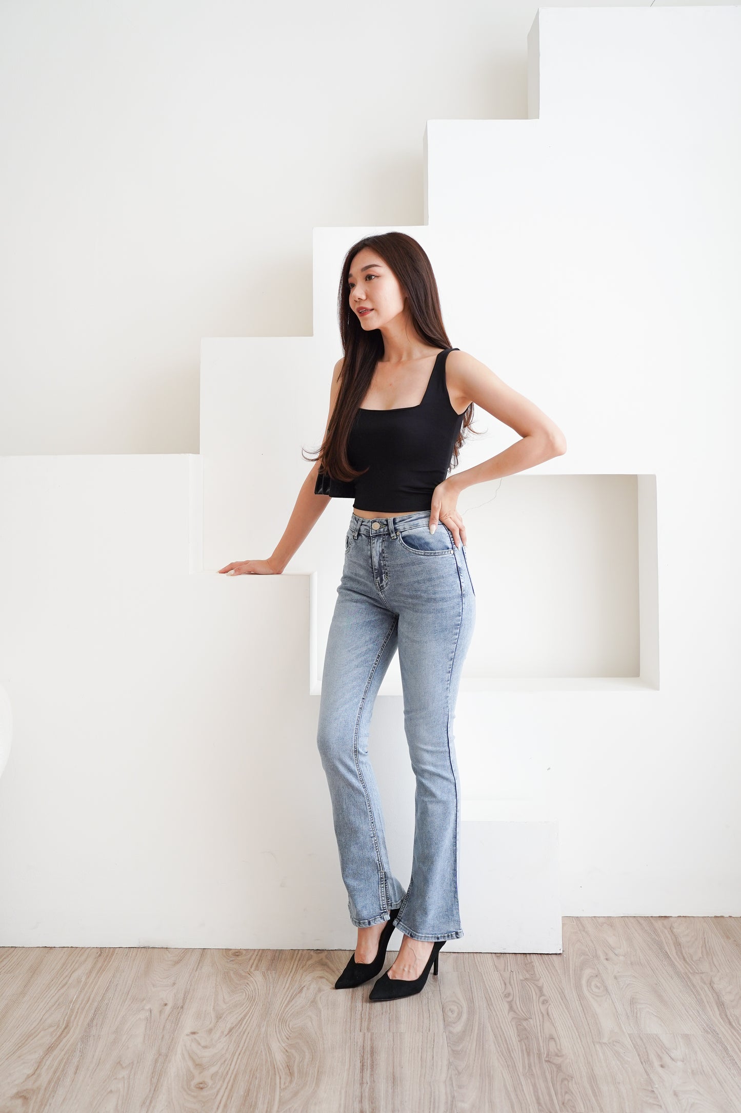 Jeans Cutbray Gianna Highwaist Stretch Slit Bawah Snow Biru