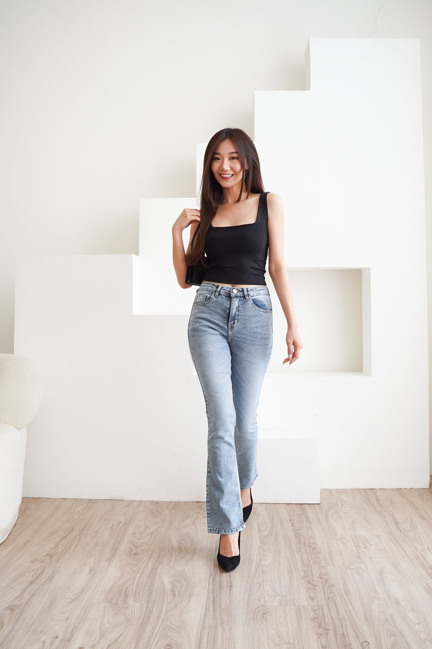 Jeans Cutbray Gianna Highwaist Stretch Slit Bawah Snow Biru
