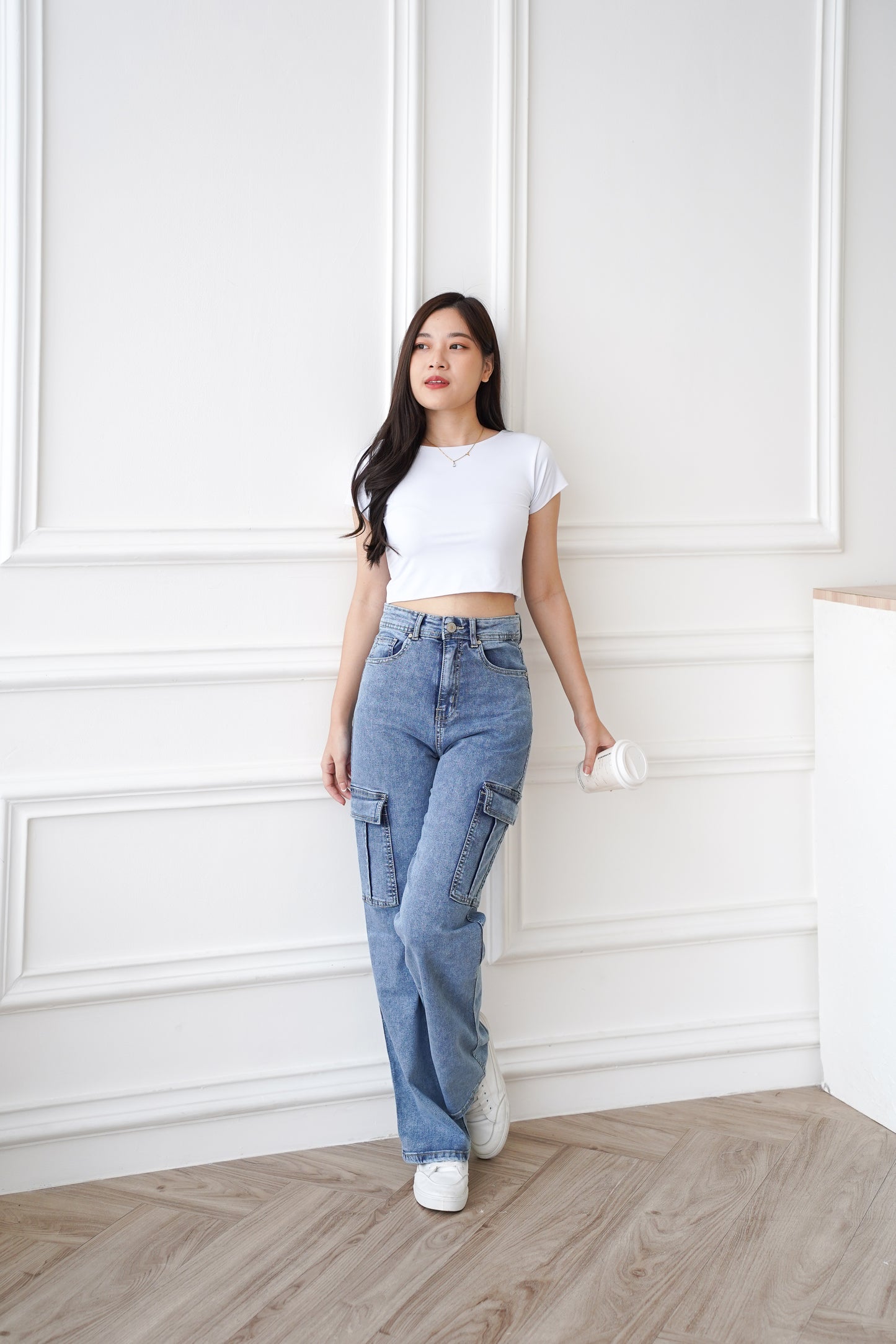 Jeans Sunmi Highwaist Cargo Super Stretch Snow Biru