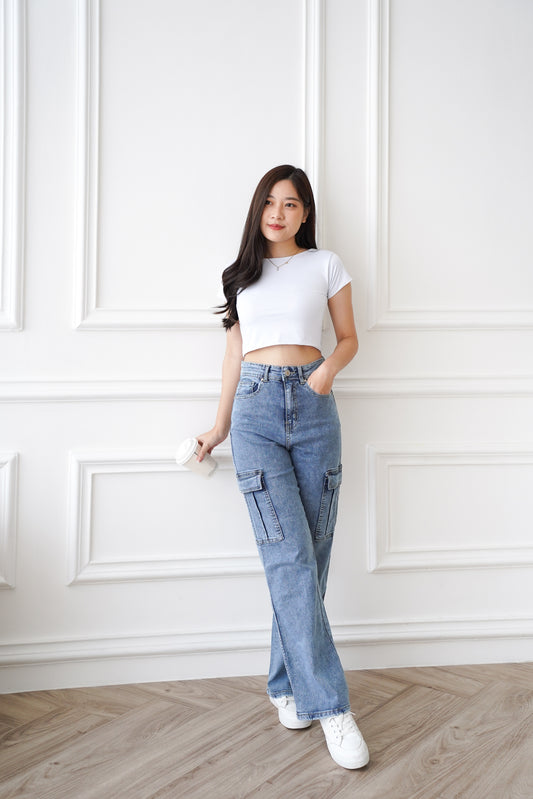 Jeans Sunmi Highwaist Cargo Super Stretch Snow Biru