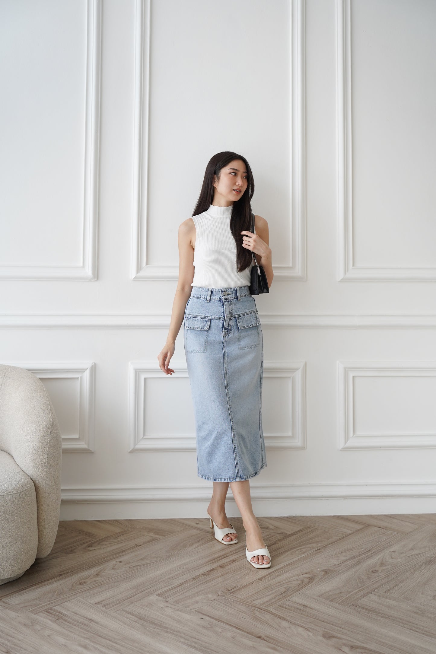 Jeans Rok Sujin Sepan Highwaist Pinggang Belakang Karet Snow Blue