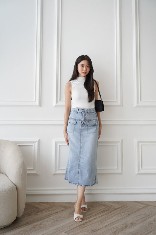Jeans Rok Sujin Sepan Highwaist Pinggang Belakang Karet Snow Blue