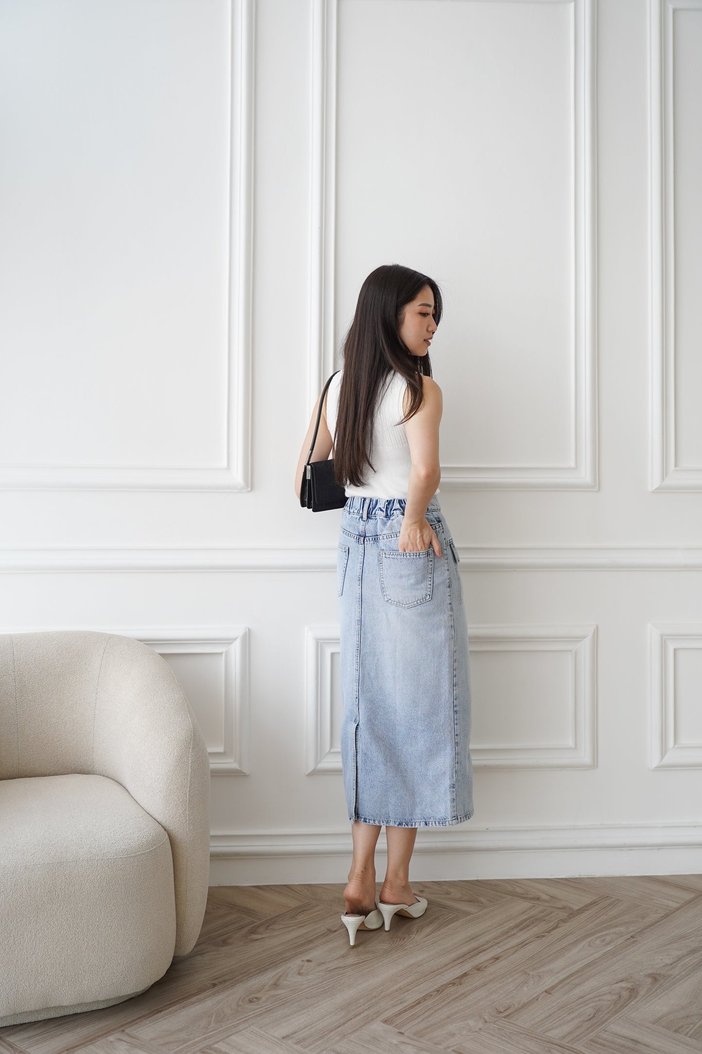Jeans Rok Sujin Sepan Highwaist Pinggang Belakang Karet Snow Blue