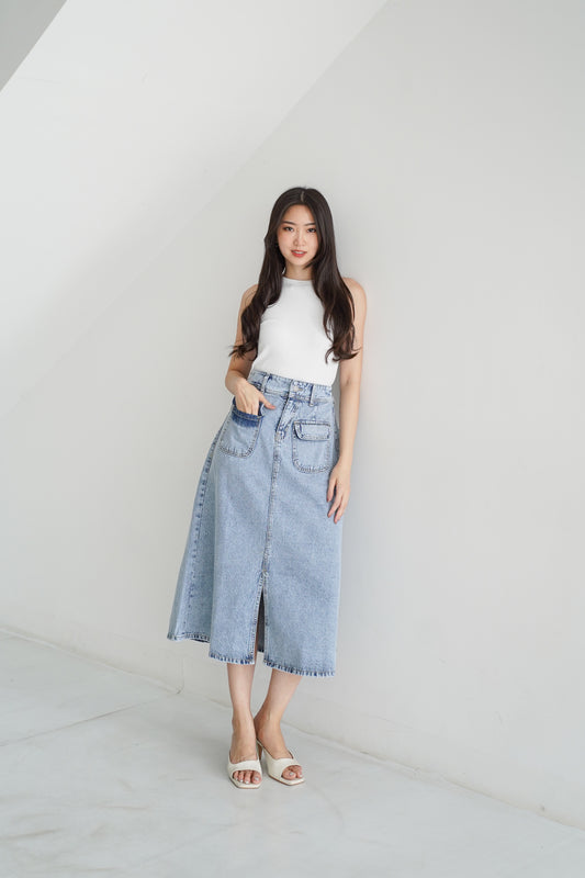 Jeans Rok Min Young A Line Kantong Tempel Snow Biru