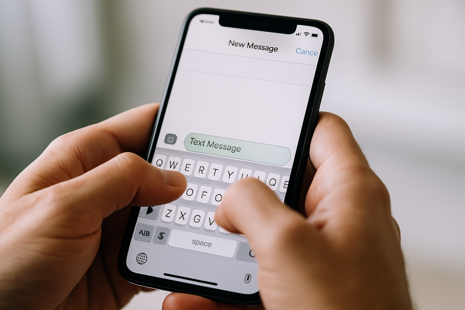 Typing on phone, with screen facing us